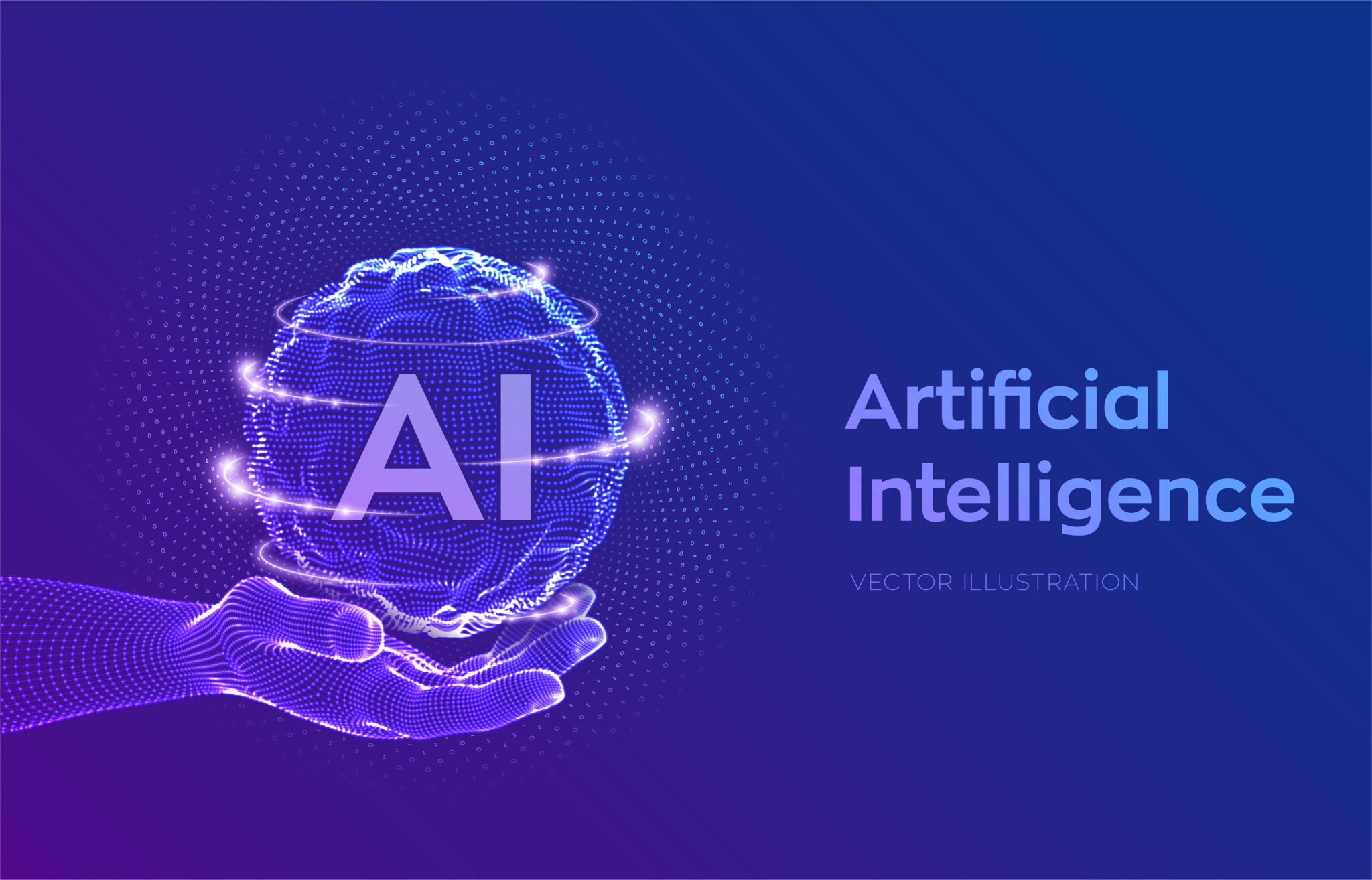 AI. Artificial Intelligence Logo in hand. Artificial Intelligence and Machine Learning Concept. Sphere grid wave with binary code. Big data innovation technology. Neural networks. Vector illustration